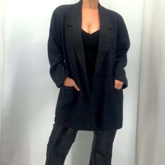 Escada Vintage 80’s Plaid Wool Oversized Double Breasted Long Boyfriend Blazer - Picture 3 of 16